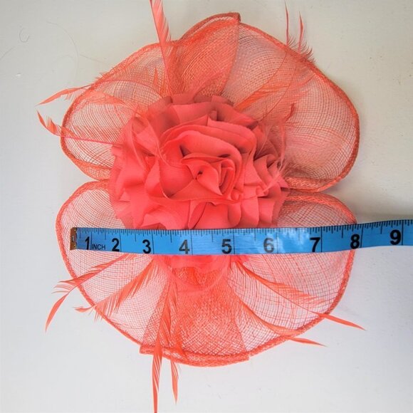Coral Pink Fascinator Floral Rosette and Coral Feathers - Picture 8 of 10